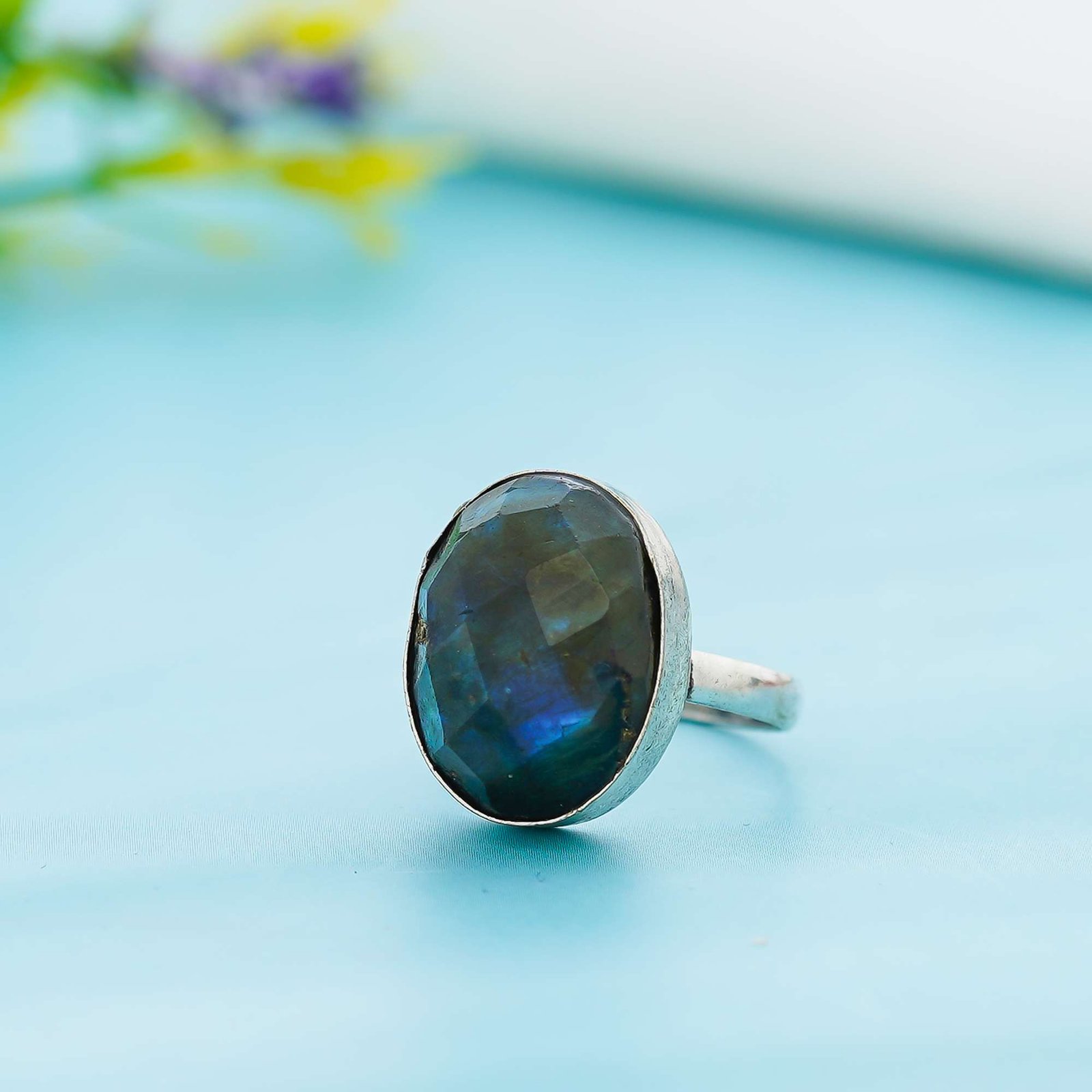 Arts Crystal Products Natural Labradorite Ring Set for Women,Vintage Joint Knuckle Stackable Rings Oval Gemstone Ring